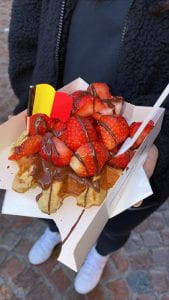 A delicious waffle from Chez Albert with chocolate and strawberries