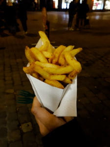 A classic cone of frites from a Belgium friterie—a must-try