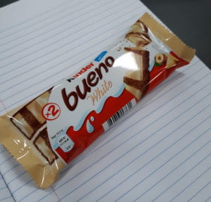 An image of a Kinder Bueno bar. The name ‘Kinder Bueno’ was inspired by the Spanish ‘bueno,’ which means ‘tasty’ or ‘good,’ and it’s a particularly apt description.